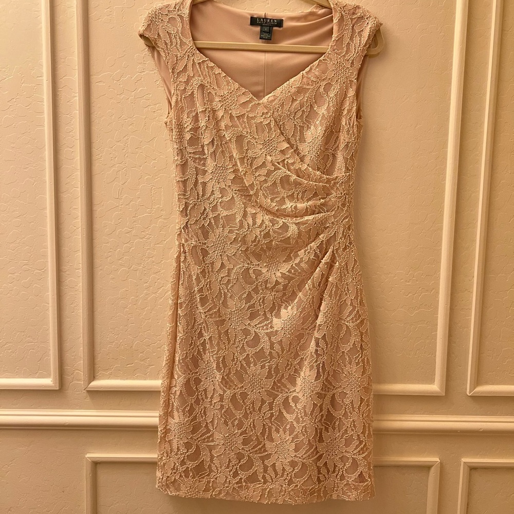Ralph Lauren Lace Cap Sleeve Mini Dress in Tan